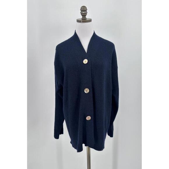 Premode Blue Cashmere Blend Ribbed V Neck Long Sleeve Cardigan Sweater - Picture 1 of 6